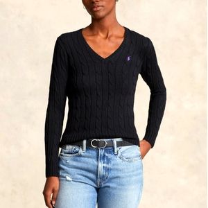 🖤 Vintage Y2K Ralph Lauren Sport Cable Knit V-Neck Pullover Sweater, Black, Med